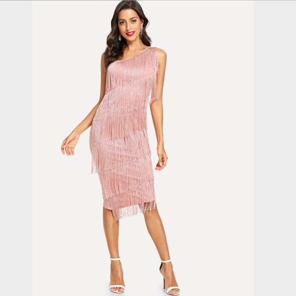 One Shoulder Tiered Fringe Bodycon Dress Pink - Picture 3 of 8